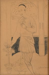 Alessio Issupoff - Viatka (Russia), studio di donna in interno con vasi di fiori