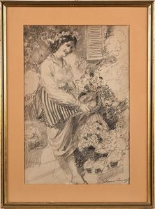 Alessio Issupoff : donna tra i vasi di fiori  - Asta Dipinti del XIX e XX secolo - Associazione Nazionale - Case d'Asta italiane