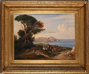 Consalvo Carelli : Panorama della costiera con famiglia di contadini in sosta  - Asta Dipinti del XIX e XX secolo - Associazione Nazionale - Case d'Asta italiane