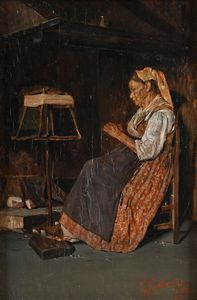 Giuseppe Costantini - Donna che fila in un interno