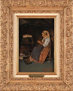 Giuseppe Costantini : Donna che fila in un interno  - Asta Dipinti del XIX e XX secolo - Associazione Nazionale - Case d'Asta italiane