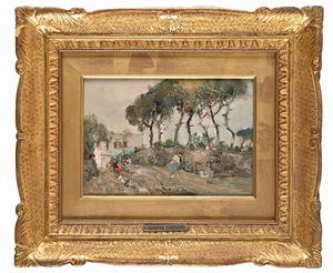 Giuseppe Casciaro : Ischia, passeggio lungo la pineta  - Asta Dipinti del XIX e XX secolo - Associazione Nazionale - Case d'Asta italiane