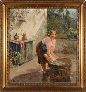 Giovanni Panza : Giovane lavandaia in terrazza  - Asta Dipinti del XIX e XX secolo - Associazione Nazionale - Case d'Asta italiane