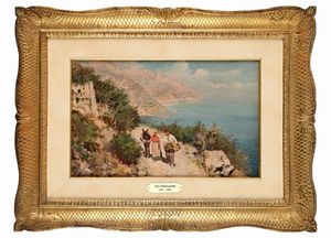 Tito Pellicciotti : Coppia di contadini su una strada lungo la costiera  - Asta Dipinti del XIX e XX secolo - Associazione Nazionale - Case d'Asta italiane