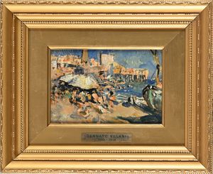 Gennaro Villani : Spiaggia affollata in una giornata di sole  - Asta Dipinti del XIX e XX secolo - Associazione Nazionale - Case d'Asta italiane