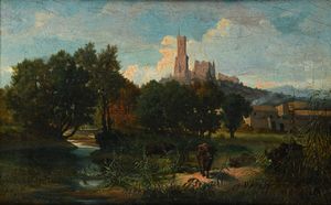 SCUOLA ROMANA DEL XIX SECOLO - Bufali nei pressi di un ruscello con un antico borgo in lontananza