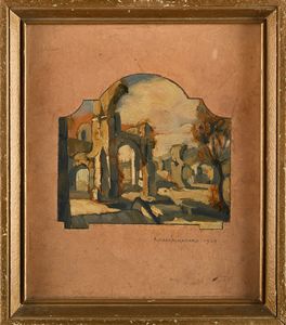 Antonino Calcagnadoro : Due paesaggi con antiche rovine architettoniche  - Asta Dipinti del XIX e XX secolo - Associazione Nazionale - Case d'Asta italiane