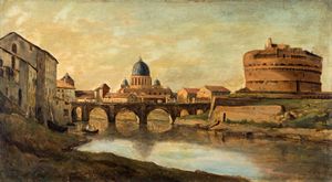 Scuola europea prima metà del XIX secolo - Veduta di Roma con Castel SantAngelo e San Pietro
