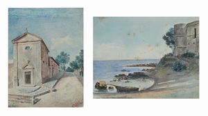 Scuola Italiana fine del XIX inizi del XX secolo - a) Marina  b) Strada con chiesa