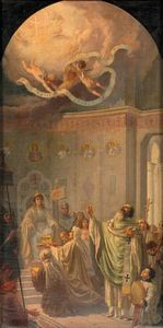 S. Cozzolino (Scuola italiana fine XX inizi XX secolo) - Radegonda ottiene in dono dallimperatore di Costantinopoli Giustino II un frammento della reliquia della Croce