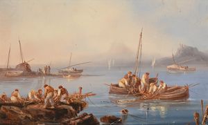 Salvatore Fergola - Pescatori e barche vicino agli approdi