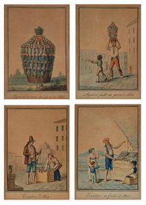 Scuola napoletana prima metà del XIX secolo - 'Venditore d'Uva'; 'Venditore di frutti di Mare'; 'Regali di frutti nei giorni di Natale';  'Regali che si usano nei giorni di Natale'