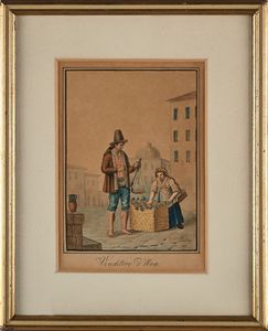 Scuola napoletana prima metà del XIX secolo : 'Venditore d'Uva'; 'Venditore di frutti di Mare'; 'Regali di frutti nei giorni di Natale';  'Regali che si usano nei giorni di Natale'  - Asta Dipinti del XIX e XX secolo - Associazione Nazionale - Case d'Asta italiane