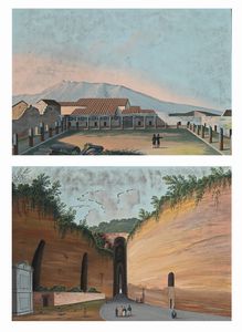 Scuola napoletana del XIX secolo - 'Grotta di Posillipo' e 'Quartiere a Pompei'
