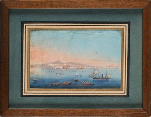 Scuola napoletana del XIX secolo : a) Veduta di Napoli da mare con barche di pescatori e velieri; b) 'ERUZIONE DEL 1804'  - Asta Dipinti del XIX e XX secolo - Associazione Nazionale - Case d'Asta italiane