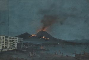 Scuola napoletana del XIX secolo - Napoli, veduta notturna dell'eruzione del Vesuvio del 1778