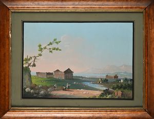 Scuola napoletana del XIX secolo : Pestum, veduta degli antichi templi e della costa con viandanti in sosta  - Asta Dipinti del XIX e XX secolo - Associazione Nazionale - Case d'Asta italiane