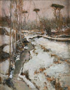 Giuseppe Casciaro - Paesaggio di campagna innevato con ruscello
