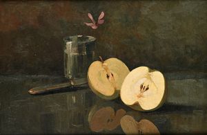 Dante Ricci - Natura morta con due mele, coltello e fiore in un bicchiere.