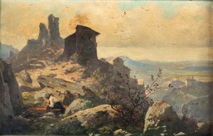 Scuola italiana del XIX secolo - Contadina nei pressi della rocca di un paese