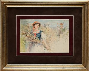 Pietro Scoppetta : La raccolta del grano  - Asta Dipinti del XIX e XX secolo - Associazione Nazionale - Case d'Asta italiane