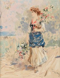 Pietro Scoppetta - Giovane popolana con vaso e mazzo di fiori