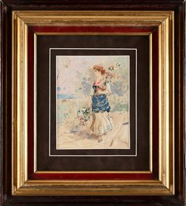 Pietro Scoppetta : Giovane popolana con vaso e mazzo di fiori  - Asta Dipinti del XIX e XX secolo - Associazione Nazionale - Case d'Asta italiane