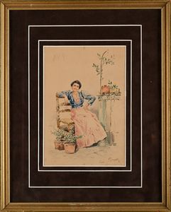 Pietro Scoppetta : Acquaiola con vasi di fiori  - Asta Dipinti del XIX e XX secolo - Associazione Nazionale - Case d'Asta italiane