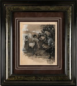 Francesco Galante : Tavola per illustrazione di Racconti della Steppa (La nuova arrivata tra i compaesani)  - Asta Dipinti del XIX e XX secolo - Associazione Nazionale - Case d'Asta italiane