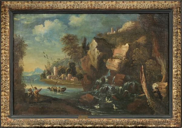 Domenico Pecchio : Paesaggio con veduta marina, cascata, castello e pescatori  - Asta Importanti Dipinti Antichi - Associazione Nazionale - Case d'Asta italiane