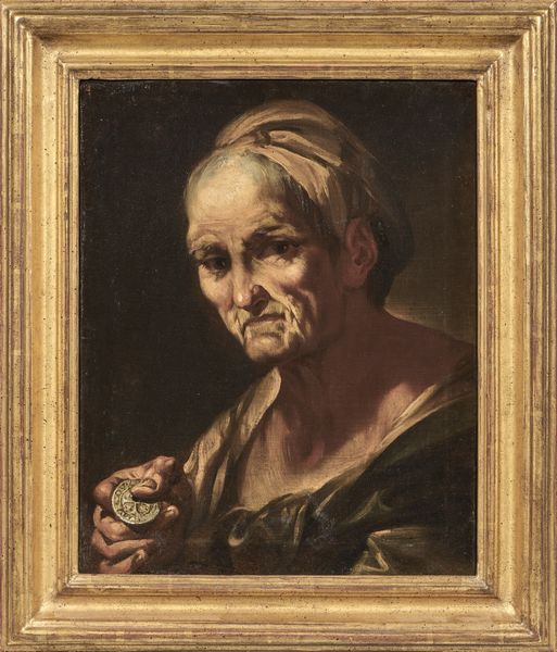 Scuola genovese del XVII secolo : Vecchia con moneta  - Asta Importanti Dipinti Antichi - Associazione Nazionale - Case d'Asta italiane