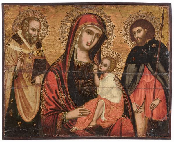 Scuola veneto-dalmata fine XVI secolo : Madonna col Bambino, San Nicola e San Cristoforo  - Asta Importanti Dipinti Antichi - Associazione Nazionale - Case d'Asta italiane