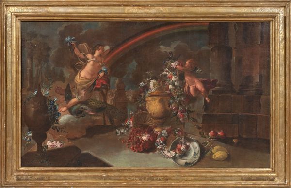 Scuola fiamminga del XVII secolo : Natura morta allegorica con paesaggio e arcobaleno e Natura morta allegorica con rovine achitettoniche e figura femminile alata  - Asta Importanti Dipinti Antichi - Associazione Nazionale - Case d'Asta italiane