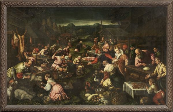 Scuola dei Bassano del XVII secolo : Scena di mercato (Preparativi della cena di Cana)  - Asta Importanti Dipinti Antichi - Associazione Nazionale - Case d'Asta italiane
