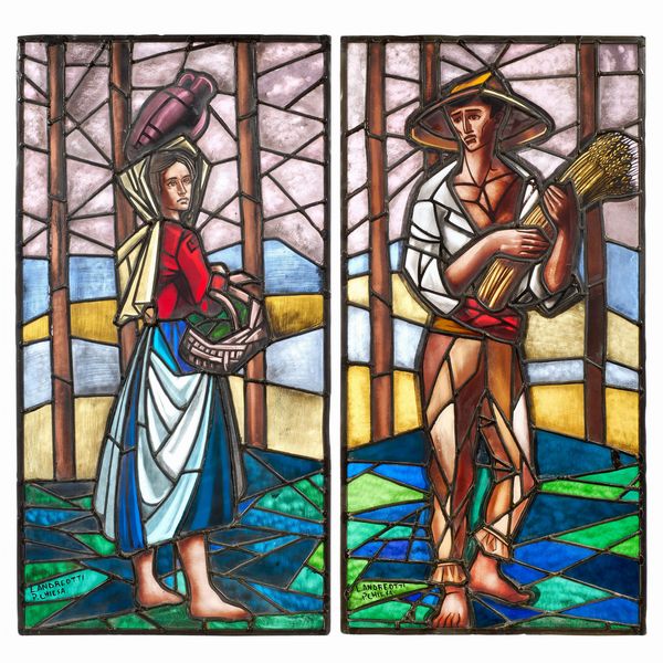 Due vetrate raffiguranti Donna con brocca e cesta e Uomo con spighe di grano  - Asta Dipinti e Sculture del XIX e XX secolo - Associazione Nazionale - Case d'Asta italiane