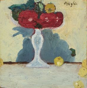 Oscar Ghiglia - Frutta in alzata di vetro e Scorcio di villa