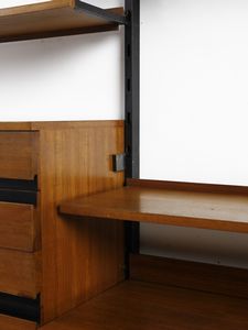 PARISI ICO (1916 - 1996) : Libreria componibile a tre campate M5 della serie Urio a dieci ripiani, stipo a giorno, cassettiera a quattro cassetti e scrittoio a due cassettini sottopiano, esecuzione M.I.M., Roma  - Asta Asta 516 | DESIGN E ARTI DECORATIVE DEL NOVECENTO Online - Associazione Nazionale - Case d'Asta italiane