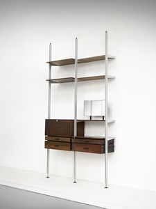 NELSON GEORGE (1908 - 1986) - Libreria a due campate a cinque ripiani, specchio, stipo a ribalta e quattro cassetti mod. CSS  (Comprehensive Storage System)