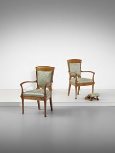 BASILE ERNESTO (1857 - 1932) - attribuito. Coppia di poltrone Liberty con poggiapiedi