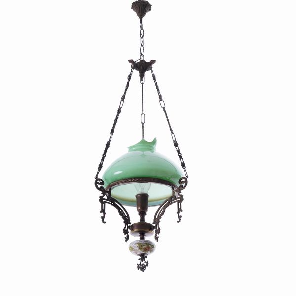Lampada pensile in metallo e ceramica policroma  - Asta Antiquariato - Associazione Nazionale - Case d'Asta italiane