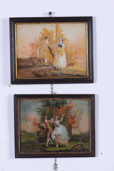 Scuola veneta del XVIII-XX secolo Scena galante<BR>Fuga dallincendio  - Asta Antiquariato - Associazione Nazionale - Case d'Asta italiane