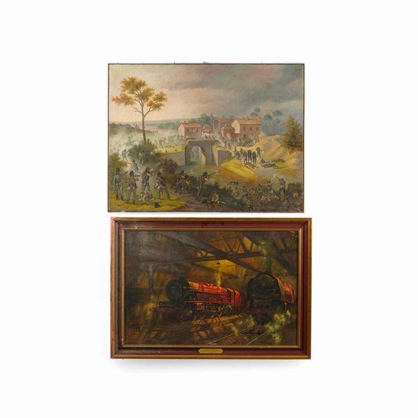 Due dipinti diversi su tela � battaglia � e � locomotive �  - Asta Antiquariato - Associazione Nazionale - Case d'Asta italiane