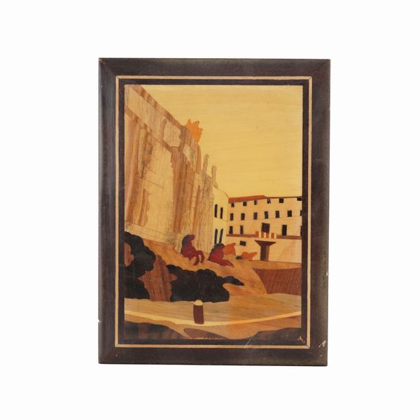 Tarsia in legno raffigurante la Fontana di Trevi  - Asta Antiquariato - Associazione Nazionale - Case d'Asta italiane