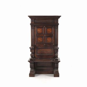 Trono in legno intagliato e intarsiato. XX secolo  - Asta Antiquariato - Associazione Nazionale - Case d'Asta italiane