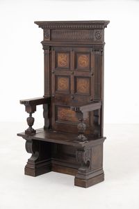 Trono in legno intagliato e intarsiato. XX secolo  - Asta Antiquariato - Associazione Nazionale - Case d'Asta italiane