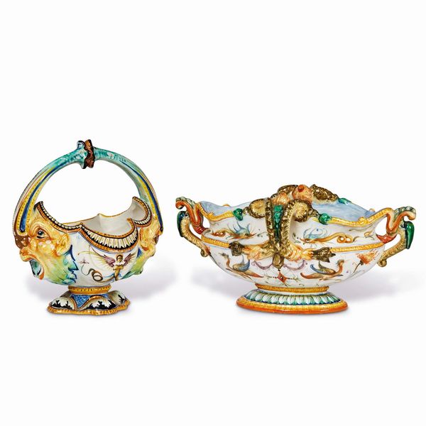 GIARDINIERA E CESTINO, FIRENZE, MANIFATTURA CANTAGALLI, INIZI SECOLO XX  - Asta CERAMICA. MAIOLICHE E PORCELLANE DAL RINASCIMENTO ALL'OTTOCENTO - Associazione Nazionale - Case d'Asta italiane