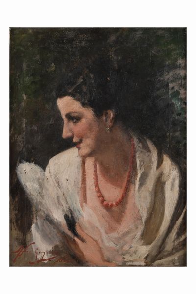 Francesco De Gregorio : Figura femminile con ventaglio  - Asta Dipinti del XIX-XX Secolo - Associazione Nazionale - Case d'Asta italiane