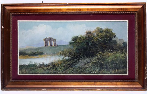 Scuola romana, inizio XX secolo Veduta con acquedotto  - Asta Dipinti del XIX-XX Secolo - Associazione Nazionale - Case d'Asta italiane