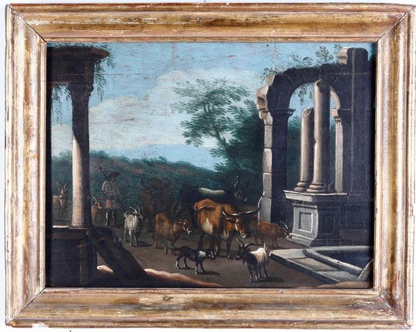 Scuola del XIX secolo Paesaggio con rovine ed armenti  - Asta Dipinti del XIX-XX Secolo - Associazione Nazionale - Case d'Asta italiane