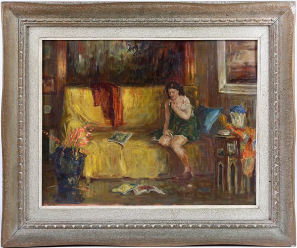 Anonimo XX secolo Interno con figura femminile sul divano  - Asta Dipinti del XIX-XX Secolo - Associazione Nazionale - Case d'Asta italiane